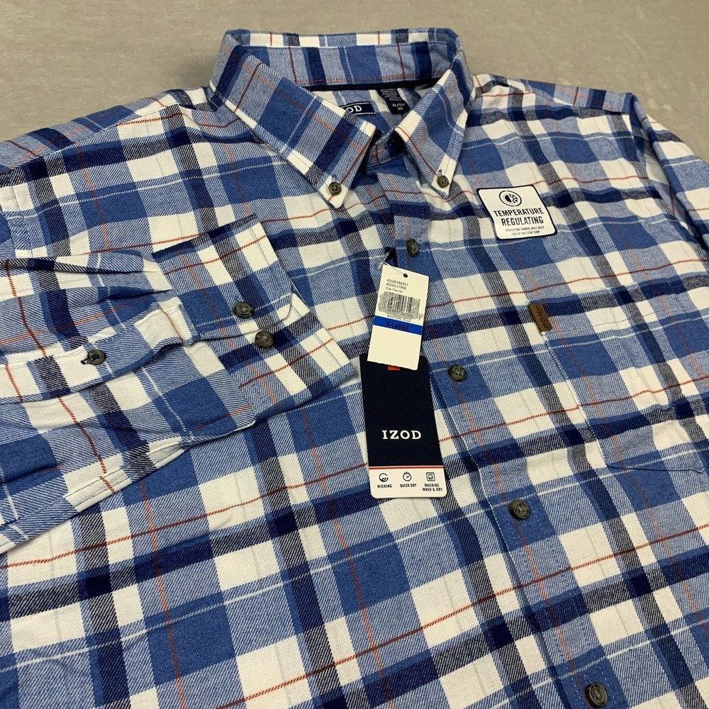 IZOD Flannel Shirt XL Blue Plaid Button Down Long Sleeve Wicking Quick Dry